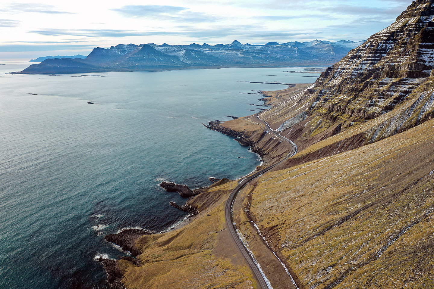 The birds point of view overlooking the road to Breiðdalsvík