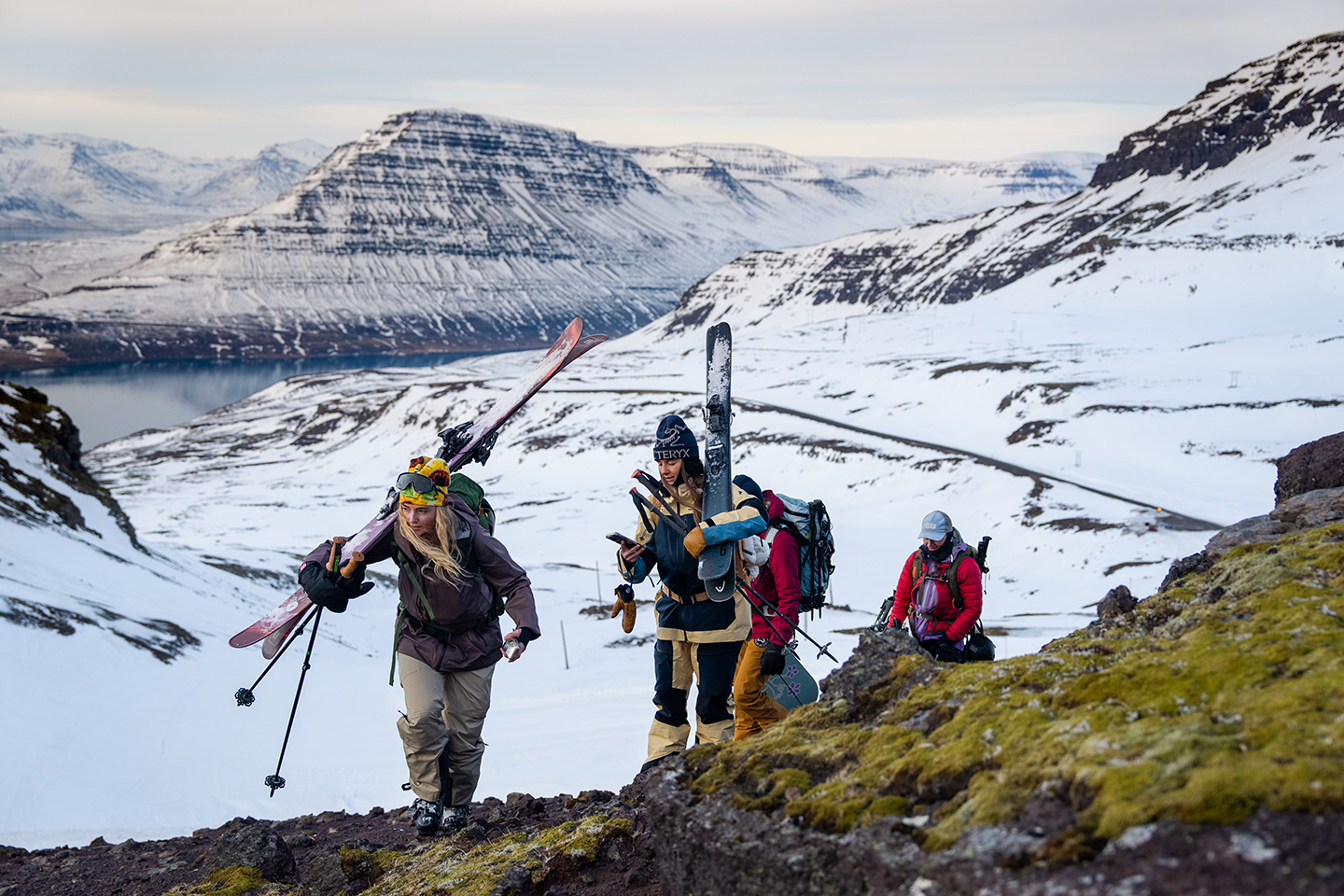 Group of backcountry skiers traversing from Oddskarð ski area