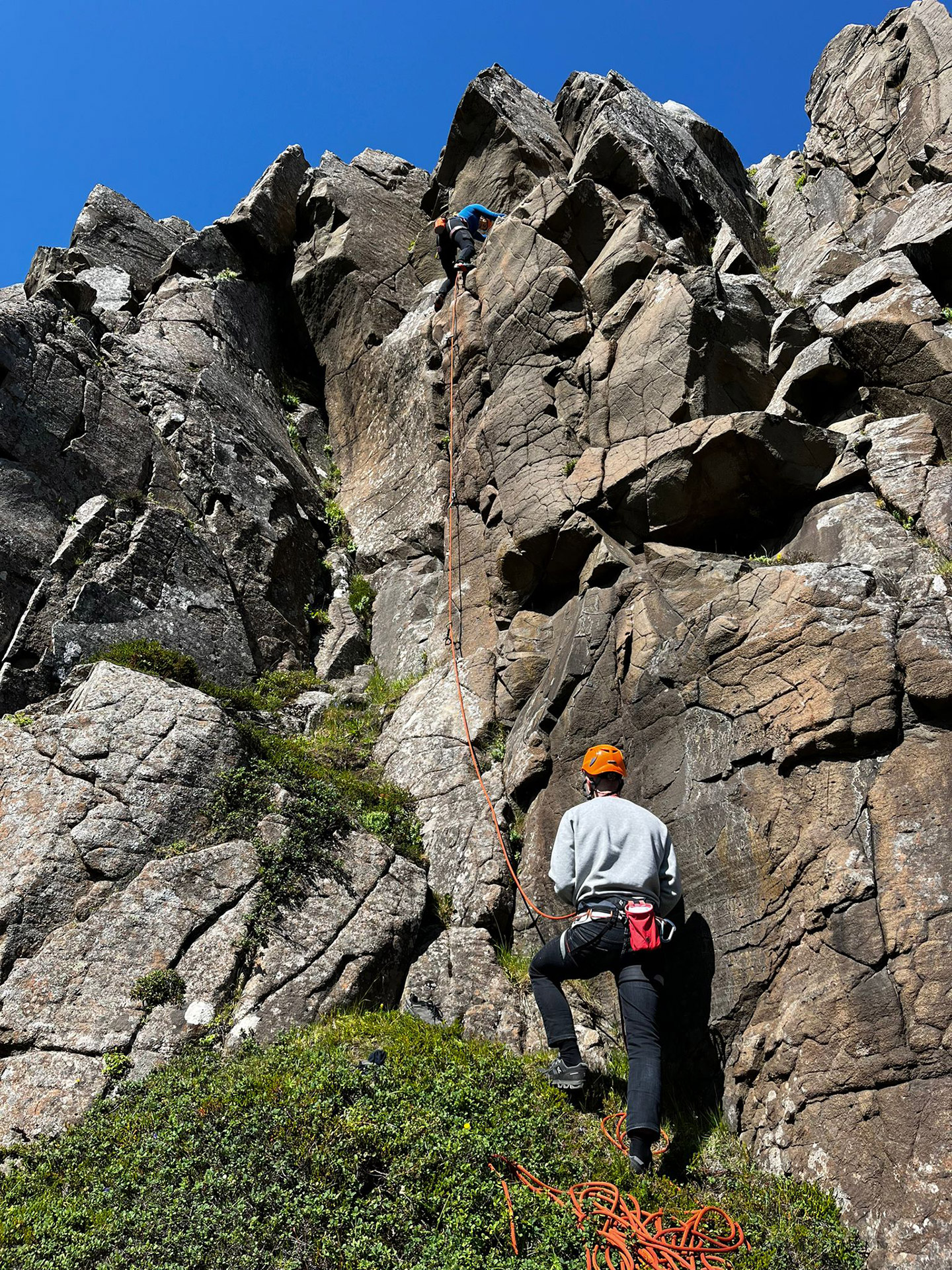 Image of a climber at Arnarklettar in Seyðisfjörður