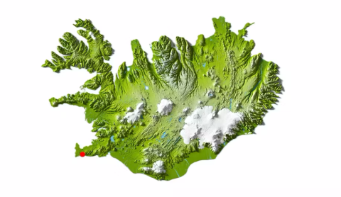 The red dot indicates the location of the town Grindavík on the Reykjanes Peninsula on the southwest…